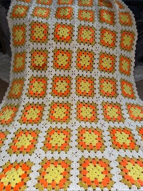 Hand Crafted Yellow Orange Cream Crochet Granny Square Throw Blanket